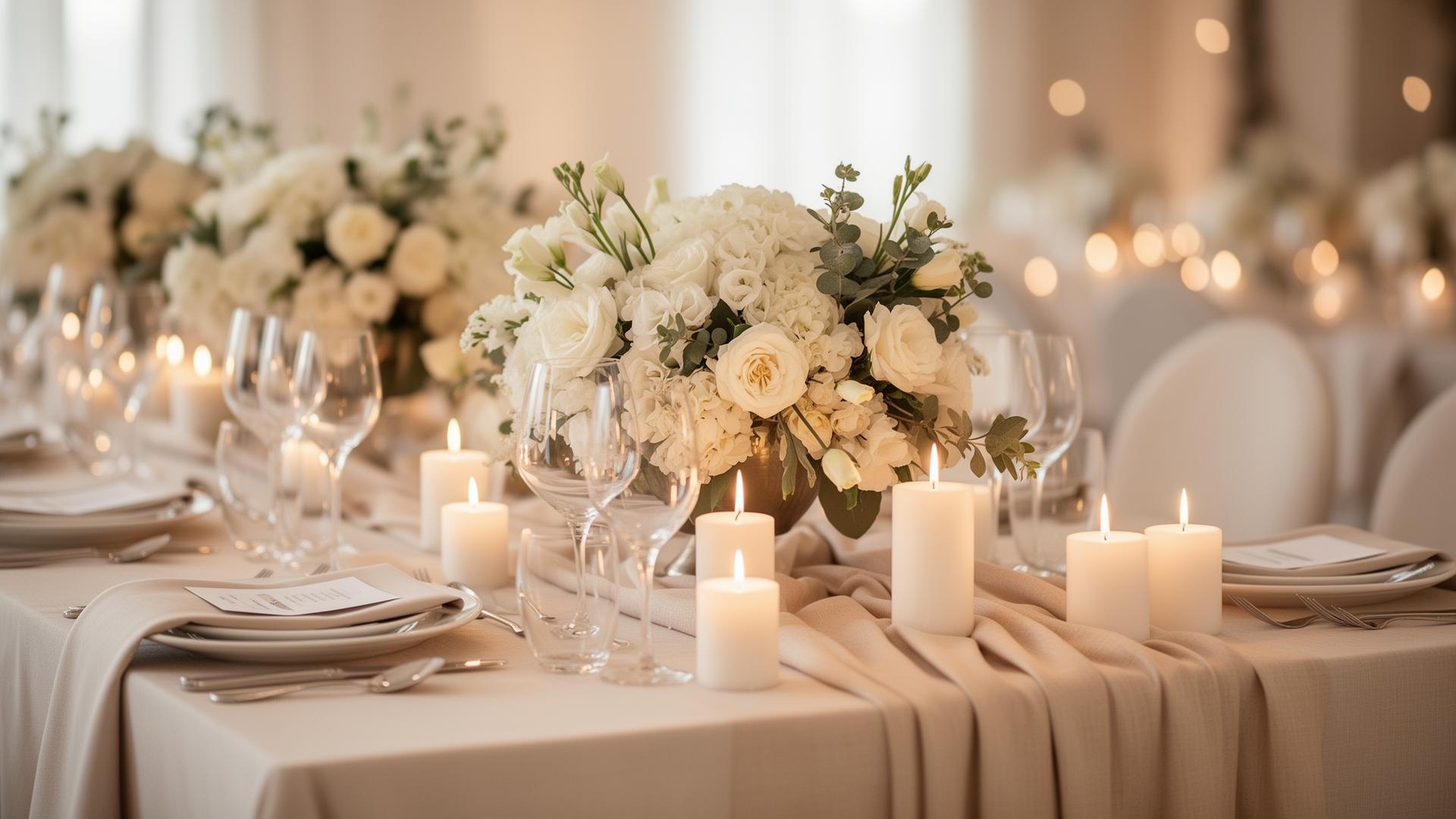 White floral centerpiece, candles and glassware on a styled table, event styling in Lebanon, PA